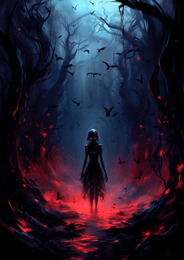 a woman walking through a dark forest at night with bats on the trees and red light coming from her eyes