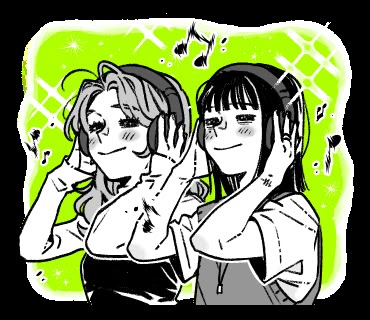 two young women standing next to each other with their hands in the air and music notes flying around them