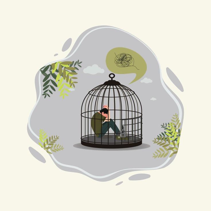 a man sitting in a cage with his feet on the ground and an empty thought bubble above him