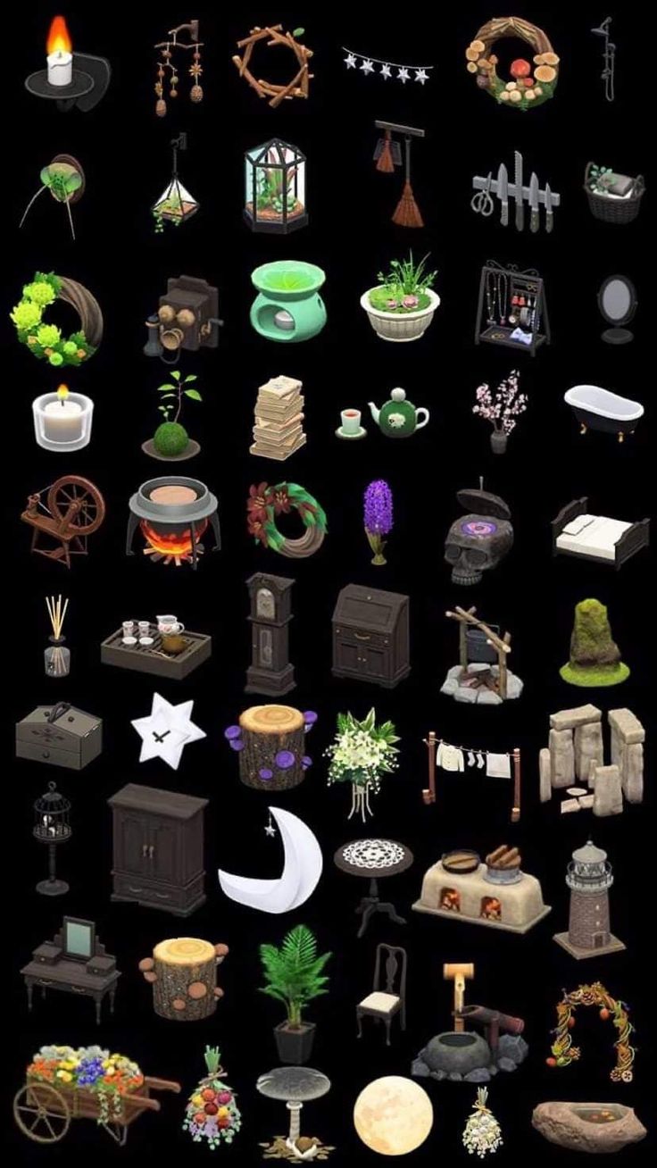 an image of many different objects on a black background, including furniture and other items