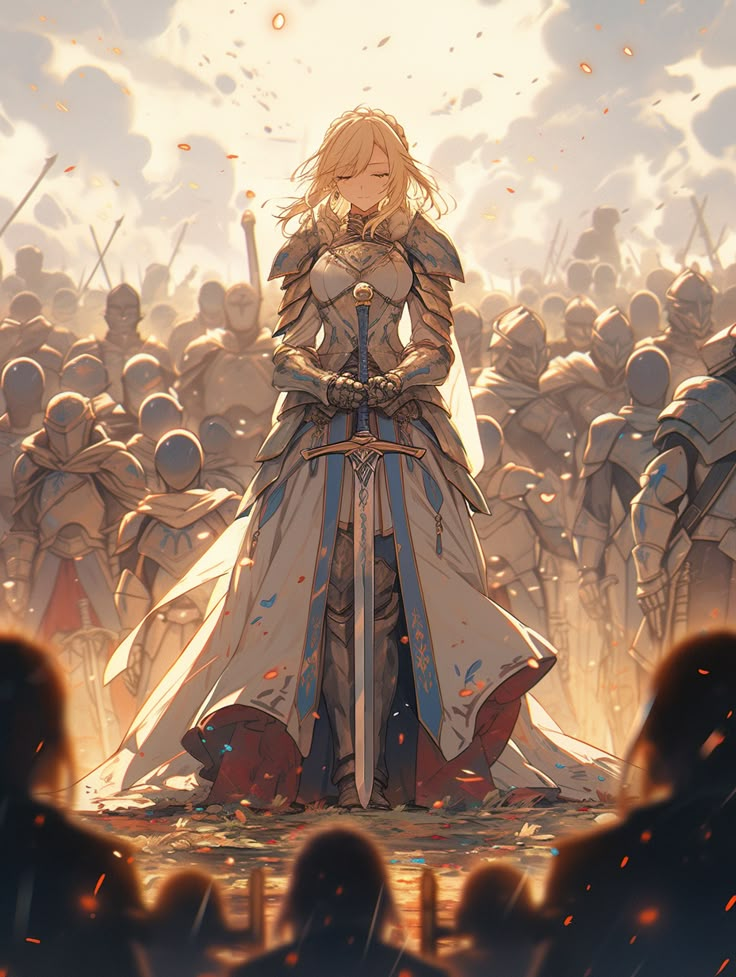 a woman standing in front of a large group of people wearing armor and holding swords