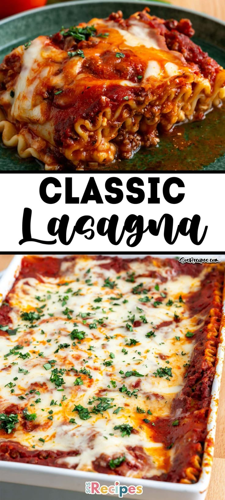 two different images of lasagna casserole with cheese and sauce