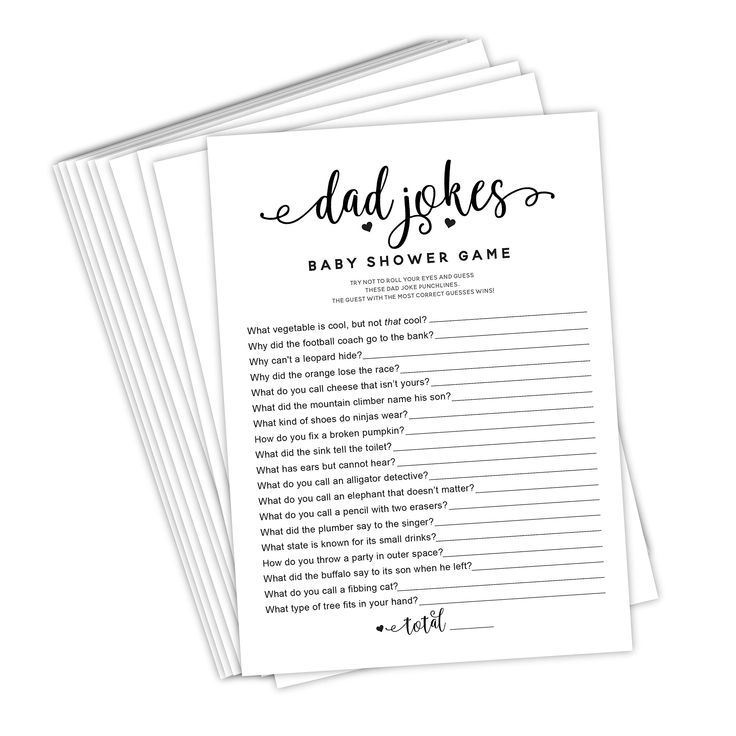 four baby shower game cards with the words'dad jokes'in black and white