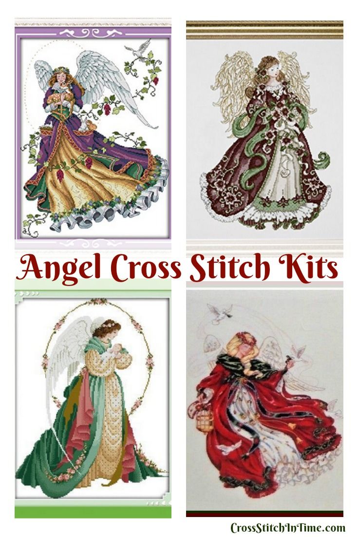 four cross stitch kits with angels in different colors and sizes, including one angel on the left