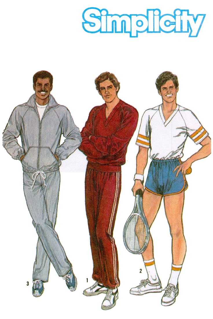 MEN'S PULL-ON PANTS AND SHORTS, PULLOVER TOP AND UNLINED JACKET ... A TIME-SAVER' STRETCH-KNIT PATTERN: Pants V. 1 and 3 and shorts V. 2 and 4 have elasticized waistline. V. 1 and 3 have optional elastic leg casings. V. 2 and 4 are encased in bias tape. Raglan sleeved top V. 1 and 2 has V-neck band. Long sleeved V. 1 has sleeve and lower bands. Short sleeved V. 2 has contrasting bias tape trim. Jacket V. 3 and 4 with front zipper has long raglan sleeves with elastic wrist casings, kangaroo pocke Jogging Sweat, Sewing Pattern Pieces, Running Suit, Men Sportswear, Pattern Pants, Sweat Suit, Suit Pattern, Jacket Pattern Sewing, Trim Jacket