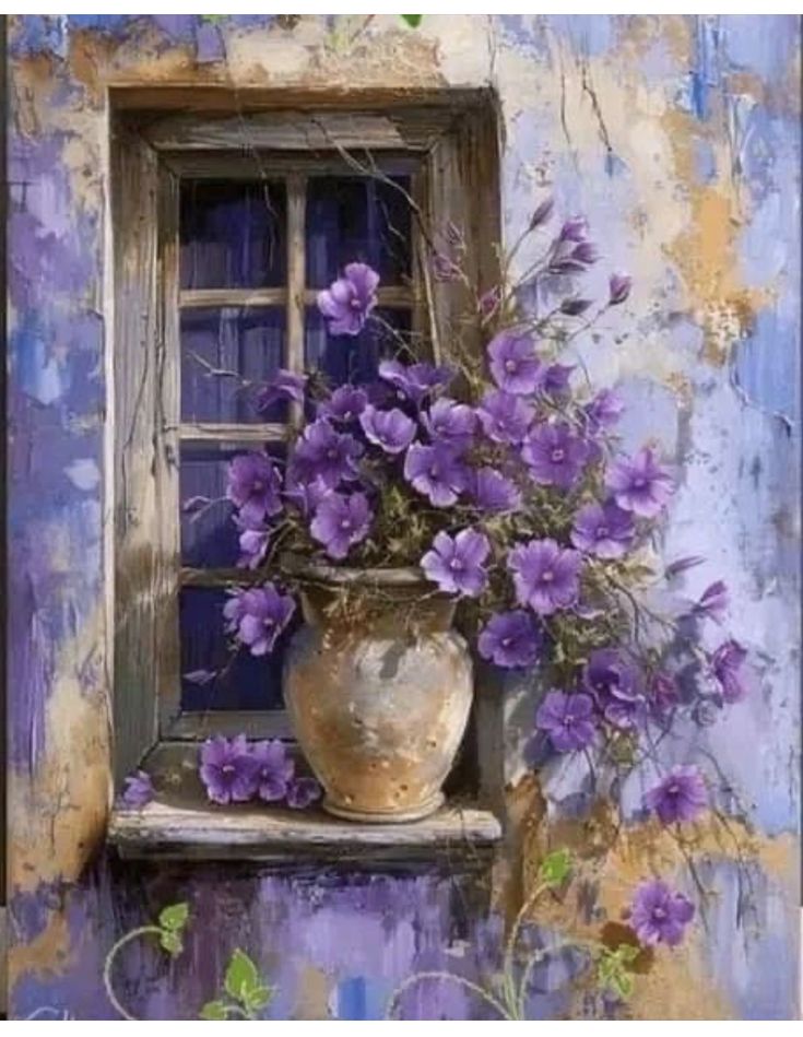 a painting of purple flowers in a vase on a window sill