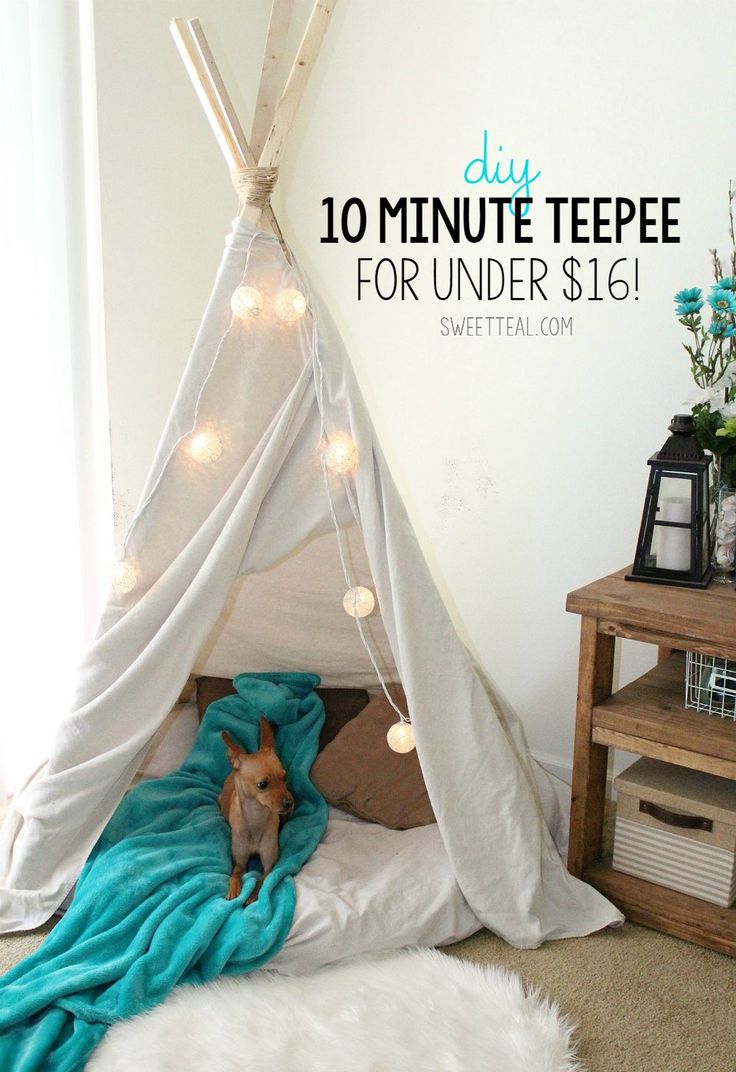 a dog is laying in his bed under a teepee tent with the words diy 10 minute teepee for under $ 6