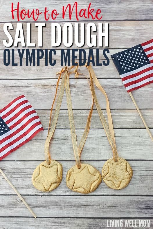 homemade salt dough olympic medals on sticks with american flags and text overlay reading how to make salt dough olympic medals