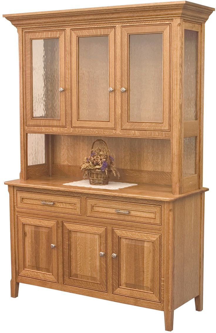 a wooden hutch with glass doors and drawers on it's sides, in front of a white background