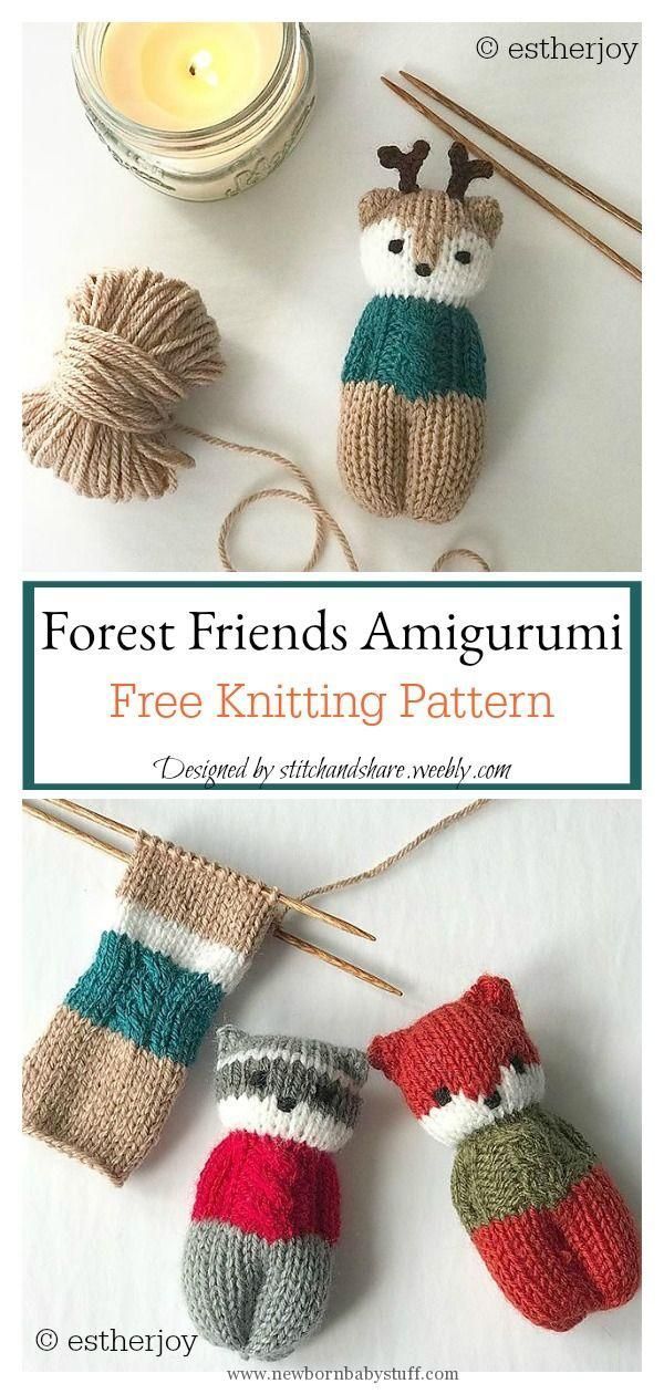 two knitted mittens hanging from strings with text overlay reading forest friends amigurmi free knitting pattern