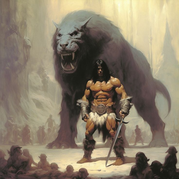 a painting of a man standing in front of a giant gorilla with two large claws