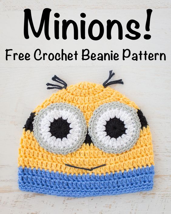 a crocheted minion hat with the words free crochet beanie pattern