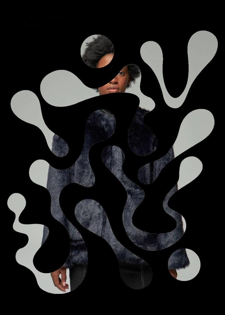 a woman with her head in the air, surrounded by black and white shapes