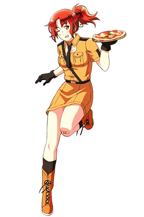 an anime character holding a plate with pizza on it's side and wearing gloves