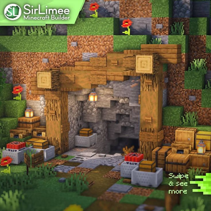 SirLimee | Minecraft Builder on Instagram: “Mine Entrance design ⛏ this one is inspired by @artic.uno_mc, i really like the style Follow me for more builds ~ Like and share with…” Minecraft River Bridge, Minecraft Mine Entrance Ideas, Minecraft Mine Entrance, Minecraft Market, Minecraft Medieval Village, Mine Entrance, Minecraft Mine, Minecraft Building Guide, Case Minecraft