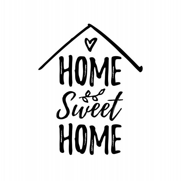 the words home sweet home are written in black ink on a white background with a house shaped