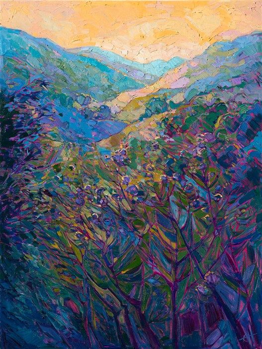 an abstract painting of mountains and trees in blue, green, yellow and purple colors