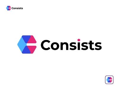 the logo for consits is shown in blue and pink, on a white background