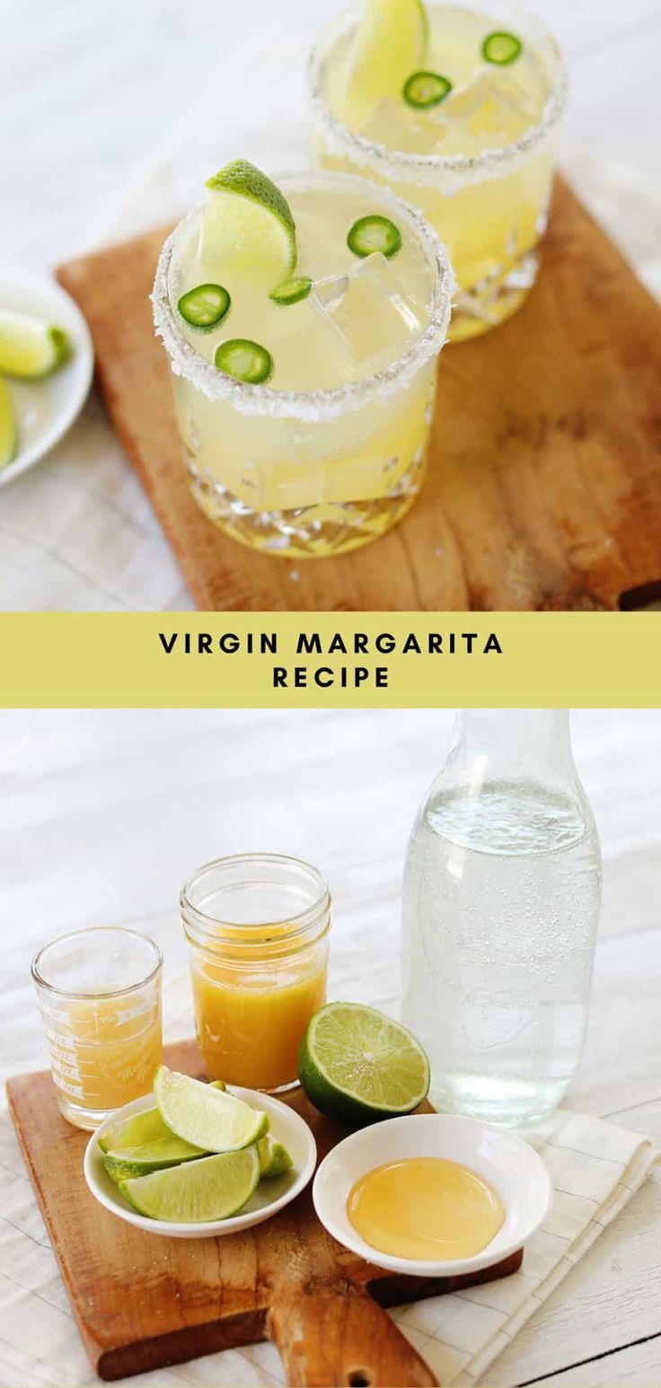 the ingredients for this margarita recipe are shown in two separate bowls and on a cutting board