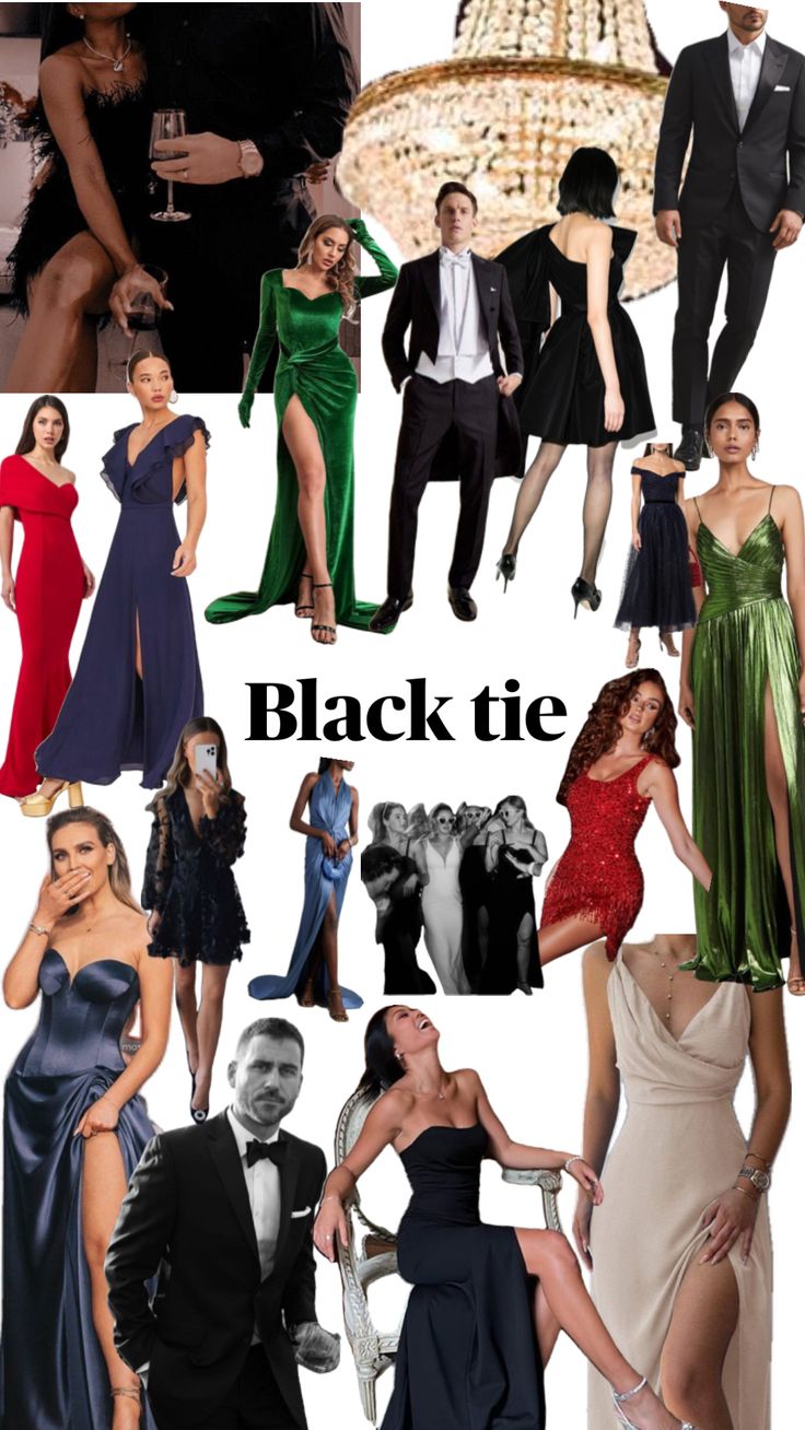 Black tie mood board Black Tie Theme Dress, Black Tie Black Women, Suit And Tie Party Theme, Christmas Black Tie Dress, Black Tie Event Outfit Woman, Black Tie Color Palette, James Bond Outfit Women, Black Tie Prom Theme, Black Tie Women Outfits