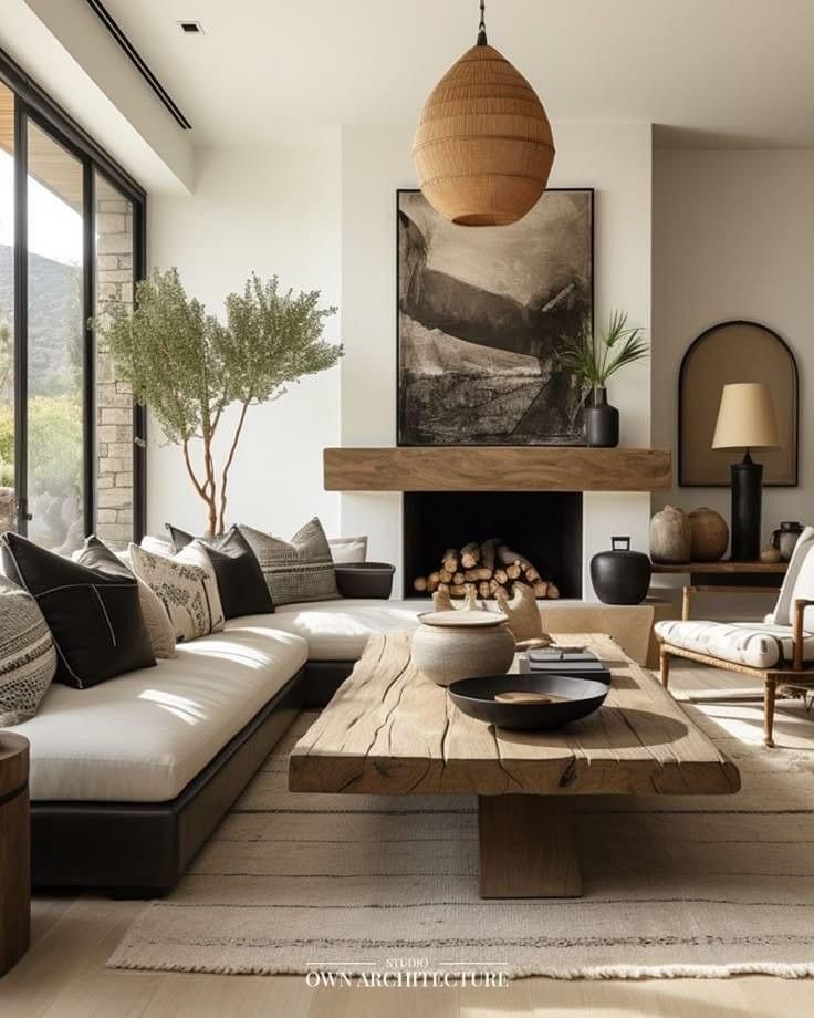 a living room filled with lots of furniture and a fire place in the middle of it