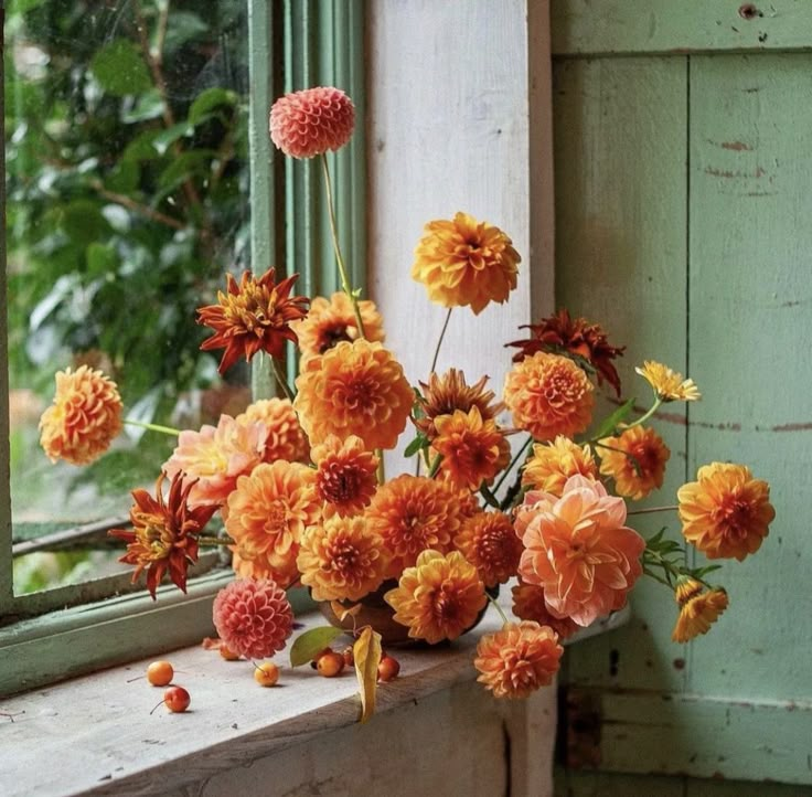 an arrangement of flowers sitting on a window sill