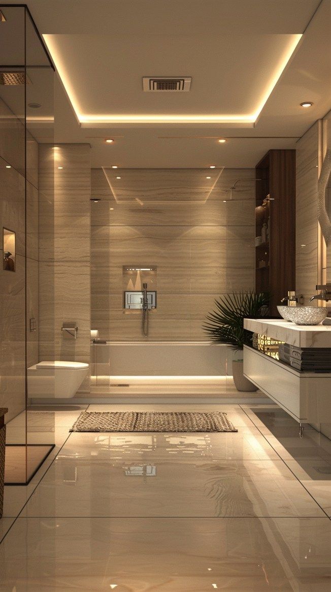 a bathroom with a large bathtub next to a sink and toilet in it's center