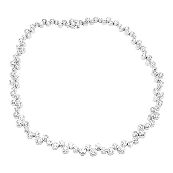 Tiffany & Co. Bubbles Platinum 10ct Diamond Necklace  This necklace comes with Tiffany & Co box.   Metal: Platinum Measurements:  Length: 15" Weight: 74.9 grams Width:  9mm Stones: 108 round brilliant cut diamonds VS1 clarity, G color total weight is approximately 10ct. Hallmarks: Tiffany & Co PT950 2002 T3432ooled  Please reference the dimensions in the description for the best approximate dimensions. Tiffany And Co Dainty Necklace, Silver Necklaces Tiffany & Co., Tiffany Inspired Necklace, Tiffany E Co Necklace, Tiffany Necklace Diamond, Diamond Necklace Tiffany, Tiffany And Co Box, Petite Necklace, Tiffany And Co Necklace