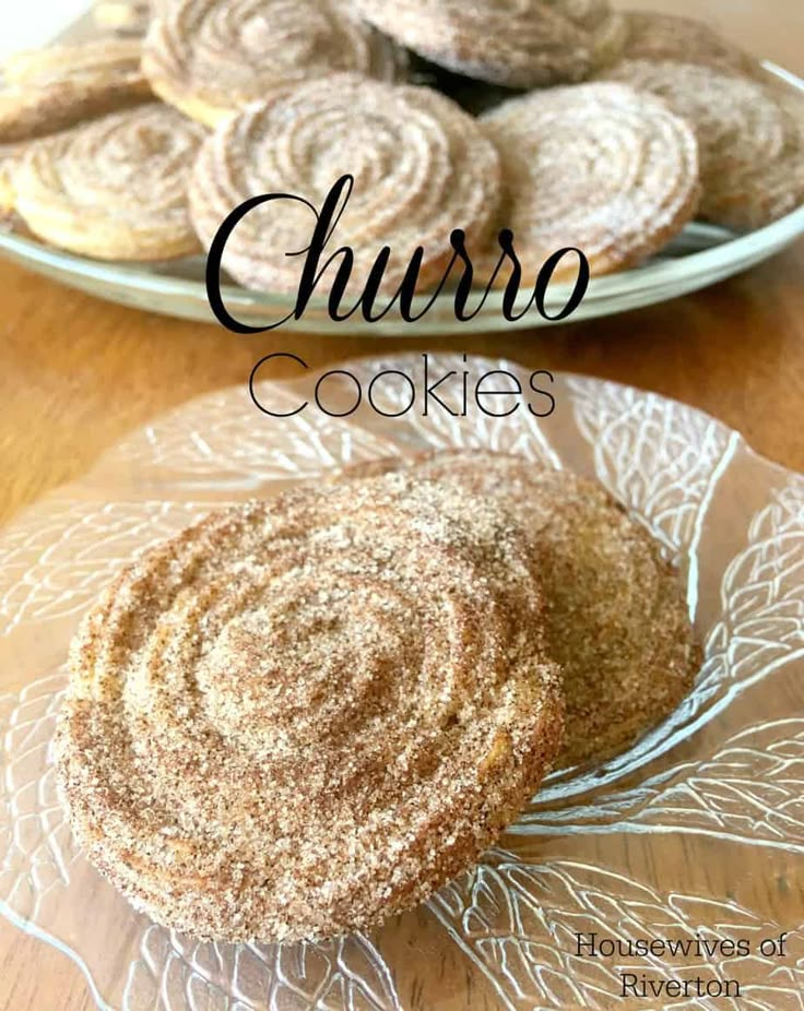 two plates with cookies on them and the words churro cookies