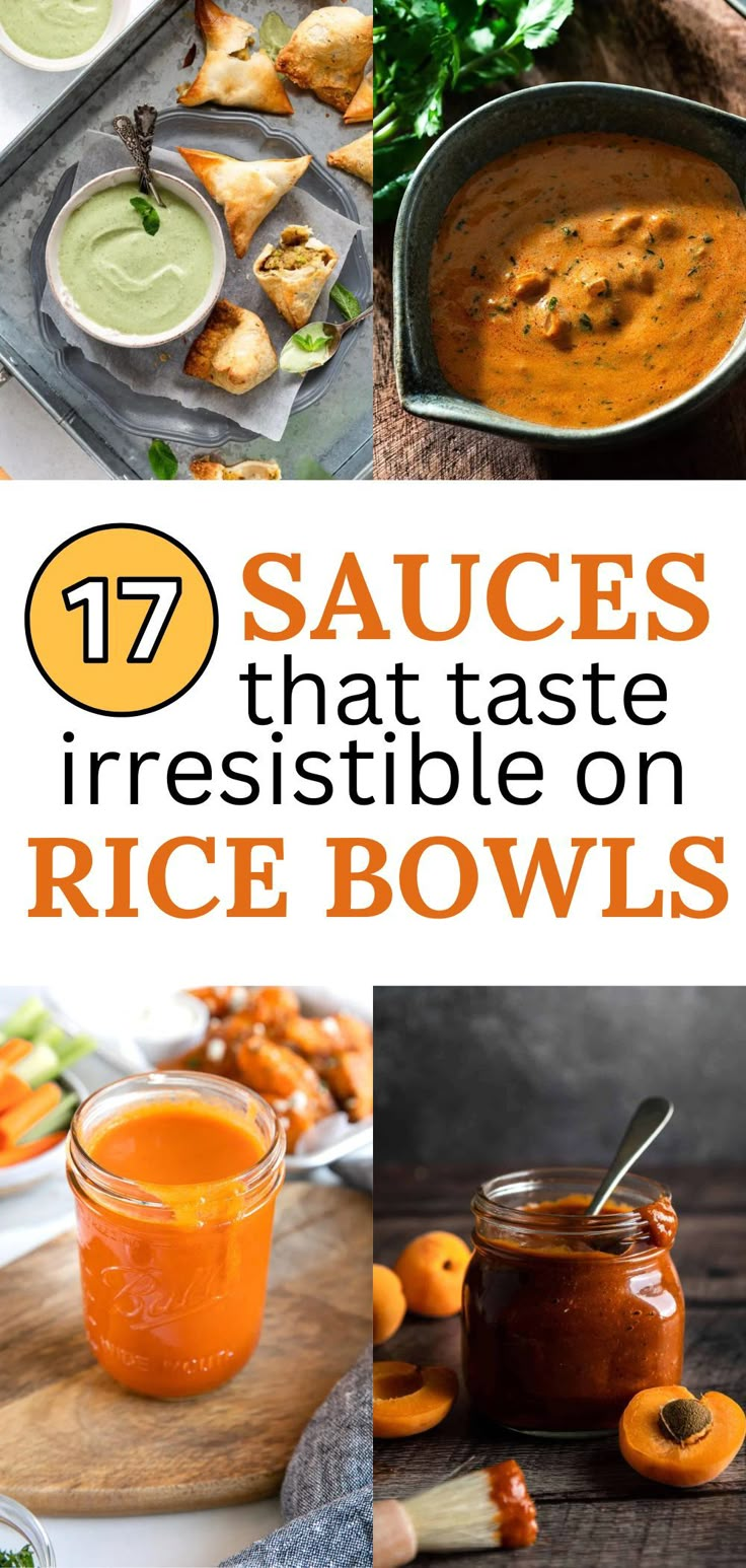 lemon tahini sauce, buffalo sauce, BBQ sauce, and paprika sauce Sauces For Rice, Healthy Sauce For Chicken, Best Sauce For Chicken, Low Calorie Sauces, Creamy Coconut Curry, Veggie Rice Bowl, Rice Bowls Healthy, Vegetarian Sauces, The Best Rice