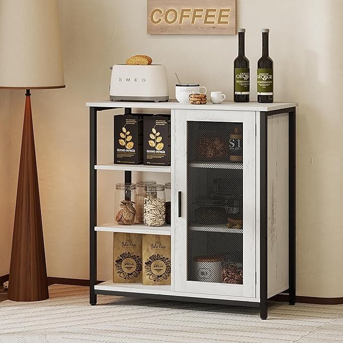 a white cabinet with two shelves filled with coffee