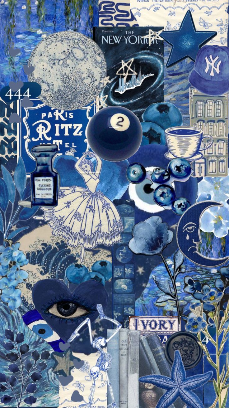 blue collage with many different items and words on it, including an image of a woman's face