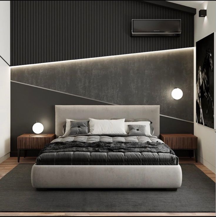 a modern bedroom with black and white decor