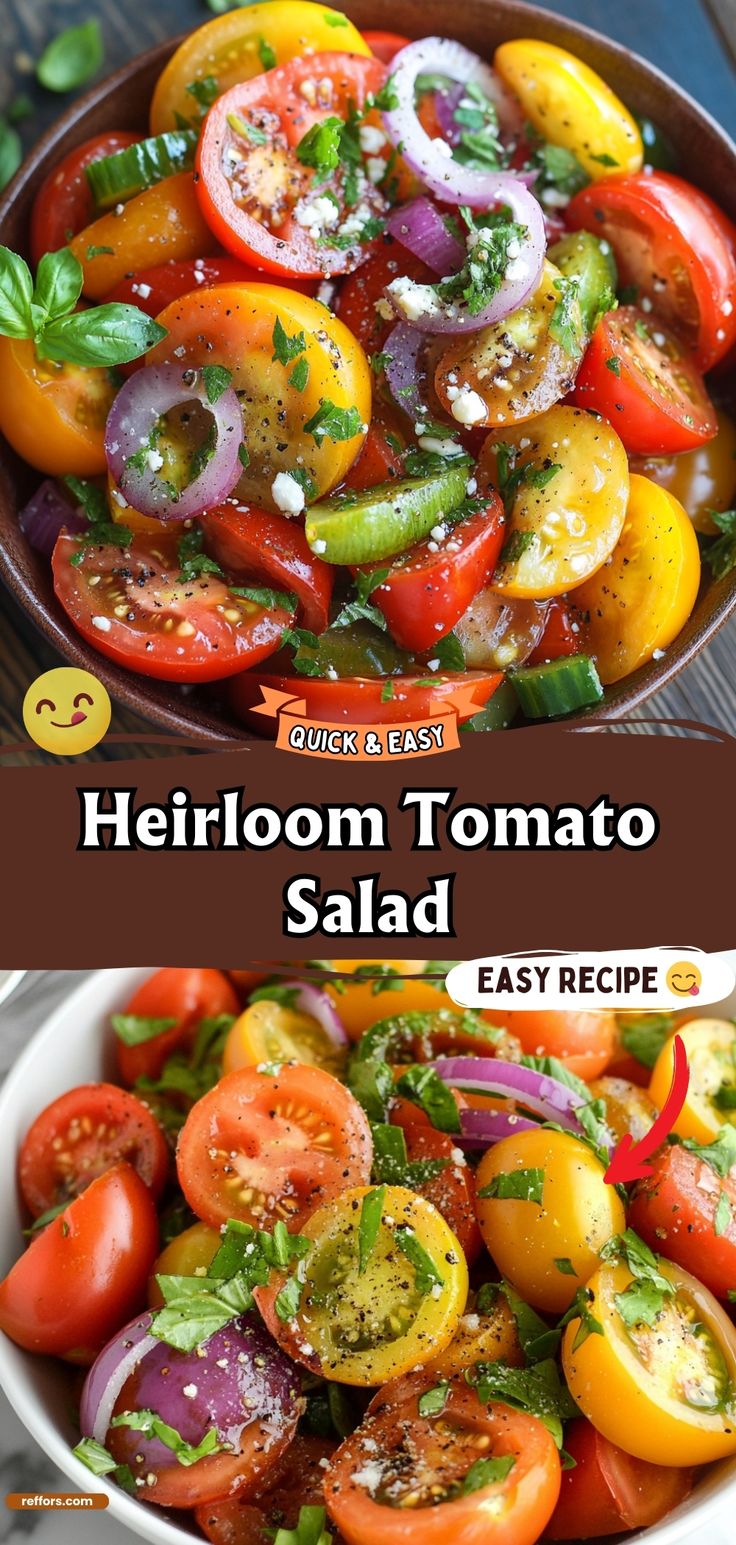 heir tomato salad in a bowl with text overlay