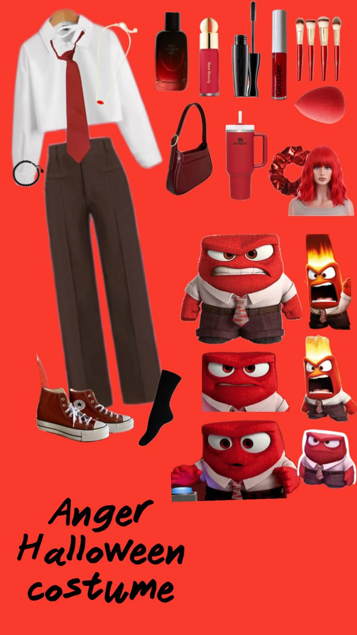 an image of a poster with costumes and accessories on it's side that says anger halloween costume