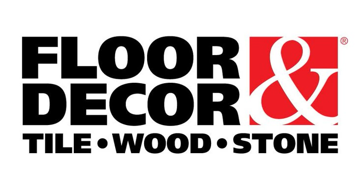 the floor and decor tile logo is shown in red, white, and black colors