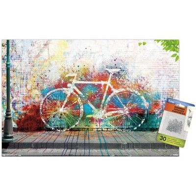 a painting of a bicycle on the side of a building with colorful paint splatters