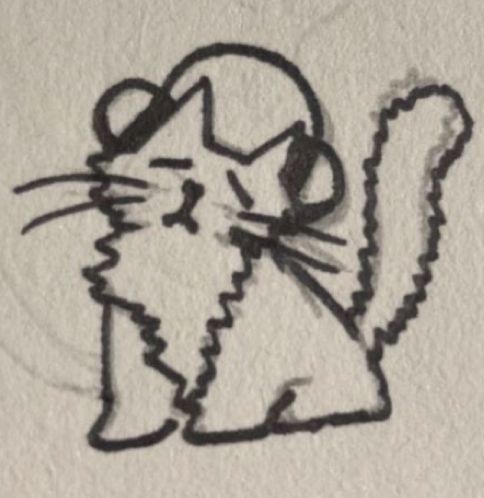 a drawing of a cat with a hat on it's head is shown in black ink