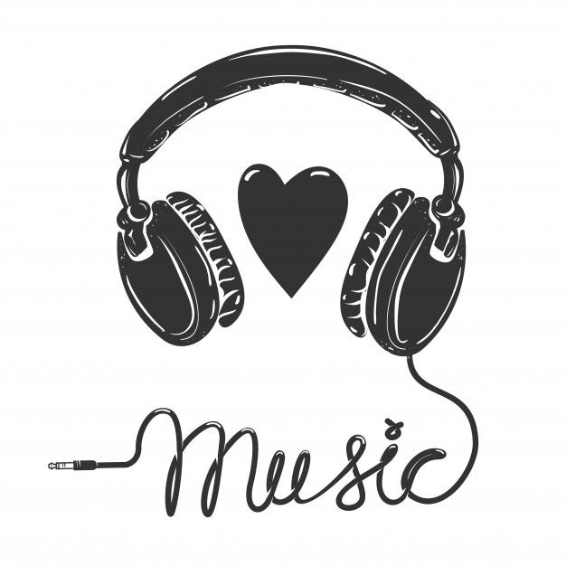 headphones and a heart with the word music written in black ink on a white background