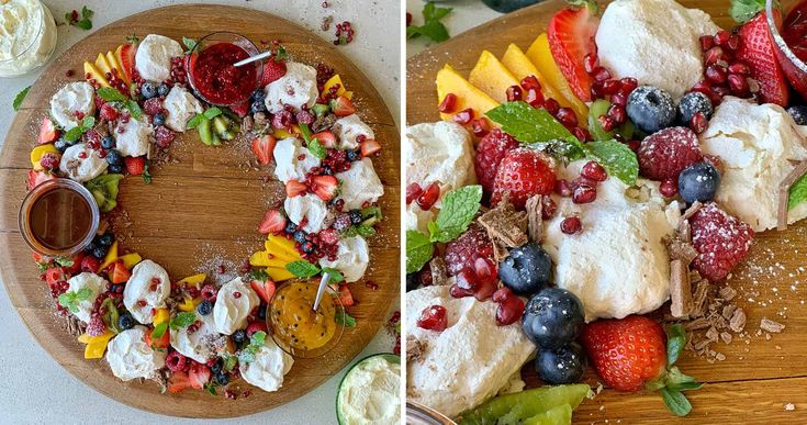 a fruit and cheese wreath on a wooden platter