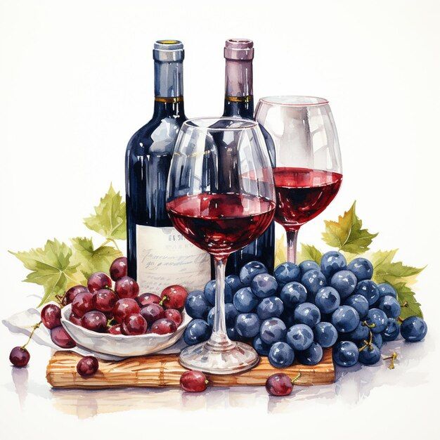 a painting of two wine glasses and some grapes on a board with leaves around them