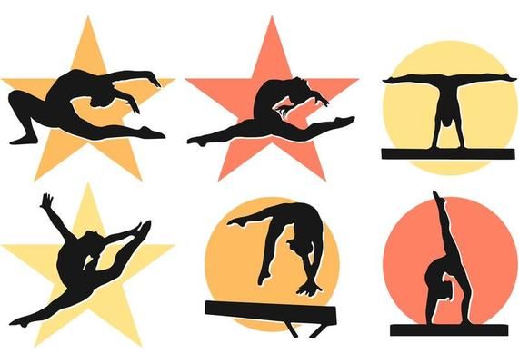 the silhouettes of people doing different things in front of star shaped shapes and colors