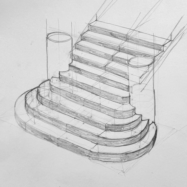 a pencil drawing of a staircase with steps on each side and a cylinder at the top