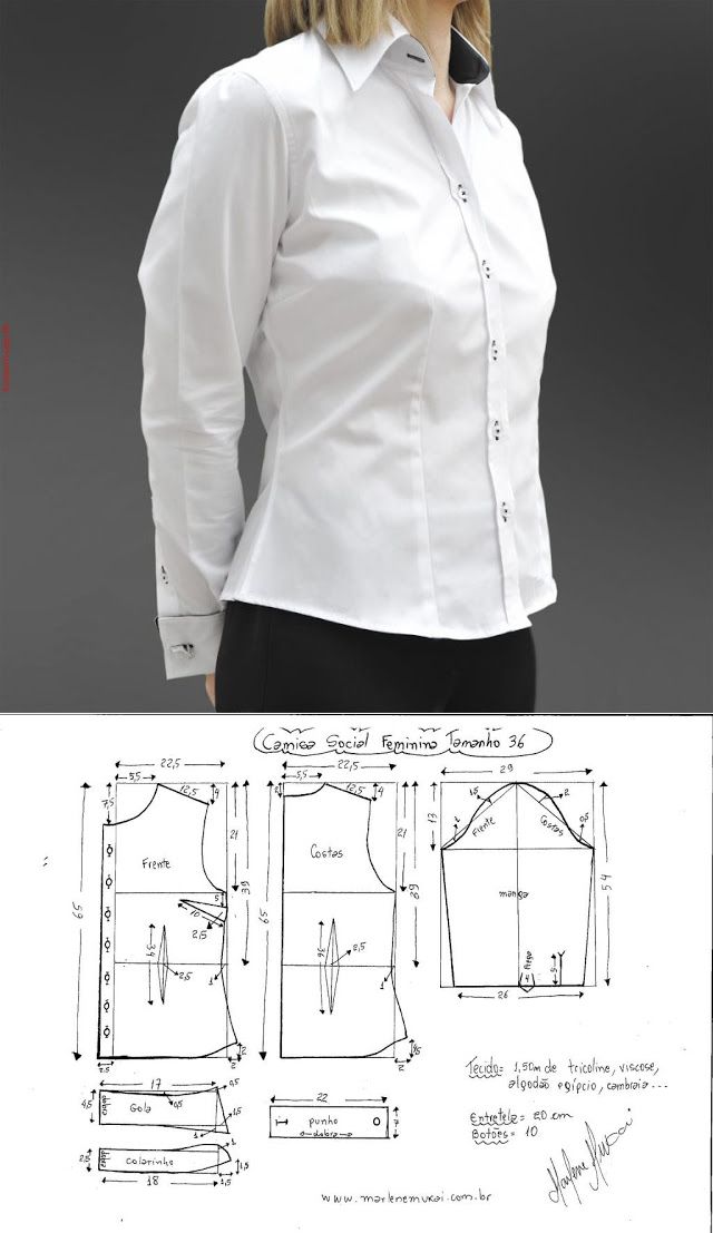 a woman wearing a white shirt and black pants, with measurements for the collared top