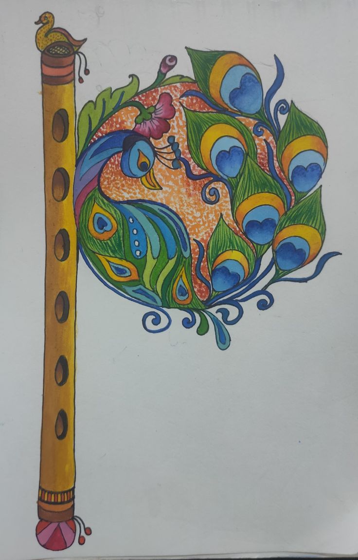 a drawing of a peacock playing the flute