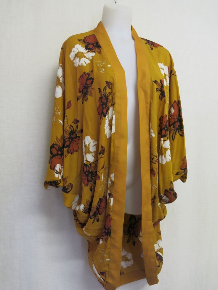 "Kimono Jacket/Blouse/Robe/Coverup Art to wear AMAZING Chiffon This floats! Look at that trendy color! ..really a WOW garment Chic and elegant and great for lounging or steppin' out Open front Big kimono sleeves The fabric is sublime. easy care poly that looks just like silk Very Asian Chic Perfect, like new condition One size Roomy Chest 75\" Length 39\" Totally wonderful piece" Kimono Blouses, Chiffon Jackets For Women, Yellow Kimono Outfit, Chiffon Kimono Outfit, Kimono Jacket Pattern Free, Chiffon Kimono Jacket, Fall Kimono, Kimono Jacket Pattern, Vintage Kimono Jacket