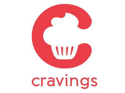 the logo for cravings is shown in red and white, with a cupcake