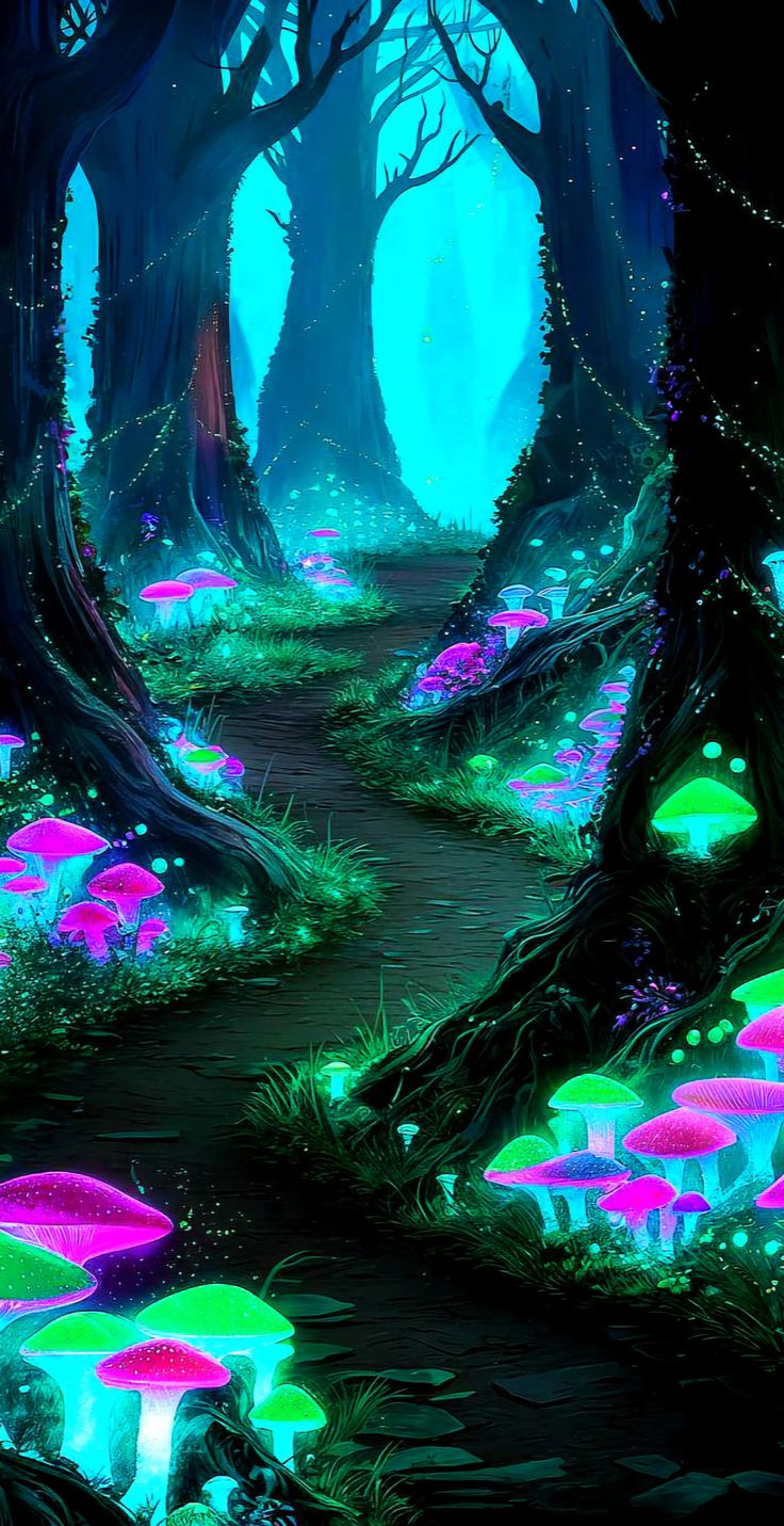 an image of a fantasy forest with glowing mushrooms in the trees and on the ground