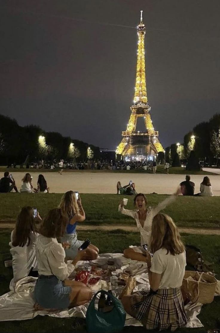 people are sitting on the grass in front of the eiffel tower at night