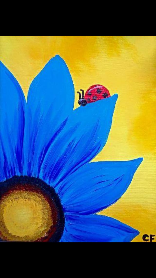 a painting of a blue flower with a ladybug on it